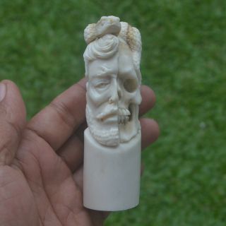 Skull Half Face Carving 97mm Height Handle H862 In Antler Bali Hand Carved