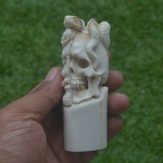 Skull Half Face Carving 97mm Height Handle H862 in Antler Bali Hand Carved 2