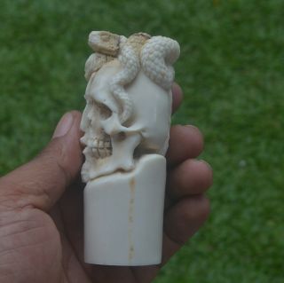 Skull Half Face Carving 97mm Height Handle H862 in Antler Bali Hand Carved 3