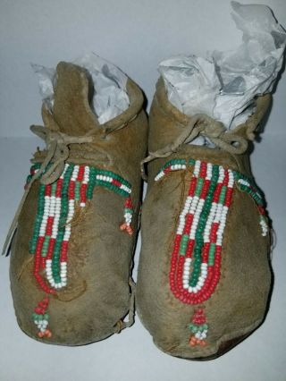 Antique Native American Plains Indian Youth Beaded Leather Moccasins
