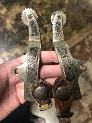 Antique Western Cowboy Spur Marked Ricardo Sterling Overlay With Detailing