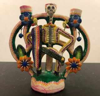 Vintage Mexican Folk Art Pottery Tree Of Life Death Candelabra Skeleton Birds
