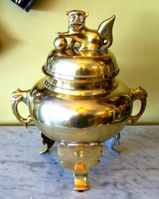 Vintage Asian Brass Tri - Footed Urn With Foo Dog Finial,  Trunk Handles