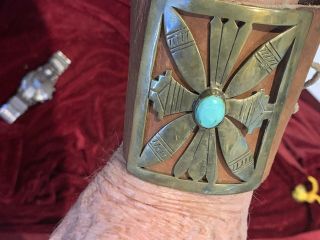 Old Hopi BRASS/Turquoise Ketoh Bowguard.  Bought from a dancer. 2
