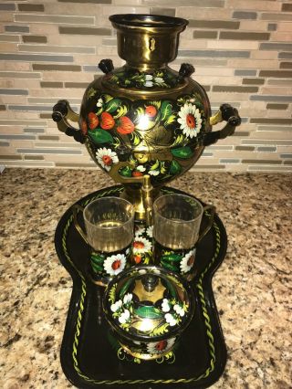 Vintage Russian Soviet Samovar - Orlovsky Tea Set With Cups & Tray Floral Painted