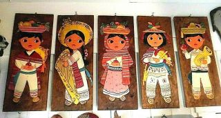 Set/5 Vintage Bas Relief Hand Carved & Hnd Pntd Wooden Plaques Mexican Children