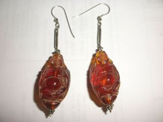 Antique Chinese Carved Amber Buddha Sterling Silver 2.  5 " Drop Earrings