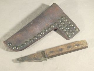 1800s Brass Tacked Leather Sheath & Knife