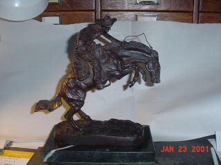 Large Vintage Solid Bronze Remington Bronco Buster Statue Marble Base