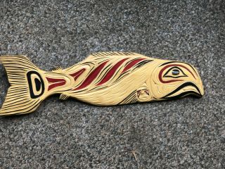 Northwest Coast Native Art Large Yellow Cedar Salmon Sculpture Carving Signed