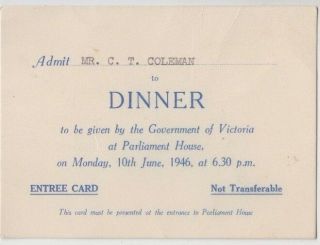 1946 Invitation To Parliament House By Government Of Victoria To Mr C.  T Coleman