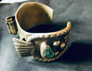 Navajo Style Pawn Silver Cuff Watch Bracelet With Turquoise Heavy Signed 
