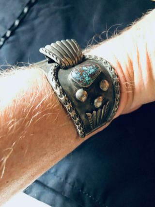Navajo Style Pawn Silver Cuff Watch Bracelet With Turquoise Heavy Signed ' JP ' 2