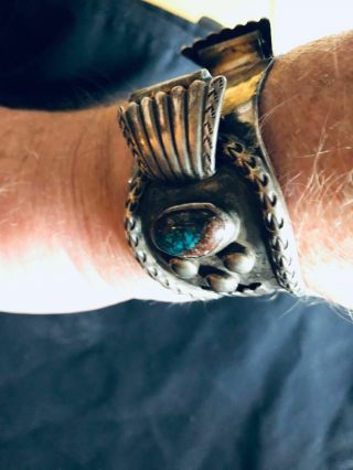 Navajo Style Pawn Silver Cuff Watch Bracelet With Turquoise Heavy Signed ' JP ' 3