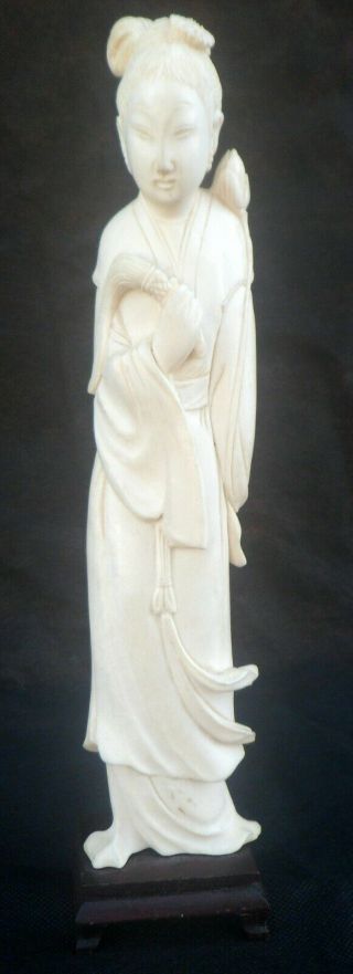 Chinese Hand - Carved Statuette Of Court Lady,  Ivory Composite On Wooden Stand,  9”