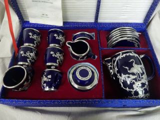 Yantai City Handicrafts Cobalt Blue Silver Tea Set Cups Teapot Saucers