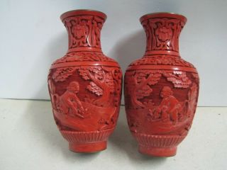 Antique Pair Chinese Red Lacquered Carved Cinnabar And Enamel Vase With People