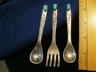 2 Vintage Navajo Sterling Silver Spoons 4 " Baby And 4 1/4 " Baby Fork 2 " As " Mkd