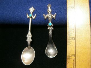 2 Vintage Navajo Yei Sterling Silver Spoons 4 " Signed " Fj " 3 1/2 " Sterling Mkd