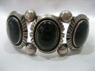 Estate Vintage Austin Garcia Kewa Pueblo Sterling Silver Onyx Wide Cuff Bracelet