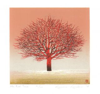 Kunio Kaneko Japanese Woodblock Print Mr Red Tree