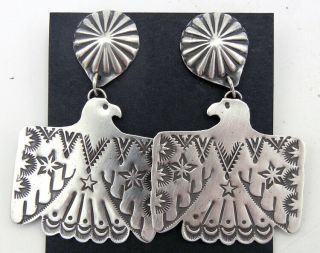 Navajo Vince Platero Hand Stamped Brushed Sterling Silver Thunderbird Earrings