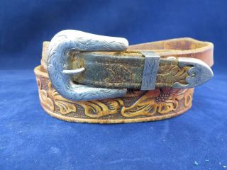 Sunset Trails Sterling Silver 3 Piece Ranger Buckle Set With Hand Tooled Belt