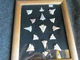 Native American Arrowheads,  15 - Ct Set,  Collector Mounted & Framed Set,  Chi K - 17