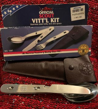Vintage Official Boy Scout Vitt - L - Kit 3 In 1 Stainless Steel Silverware
