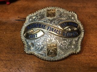 1987 Las Vegas Nfr National Finals Rodeo Belt Buckle Gist Silver & Gold Plated