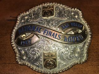 1987 Las Vegas NFR National Finals Rodeo Belt Buckle Gist Silver & Gold Plated 2