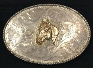 Western Style Sterling Silver Belt Buckle W 10k Gold Horse Sunset Trails 3 1/4”
