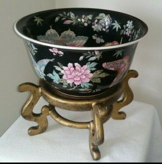 Chinese Enamel Porcelain Famille Noir Bowl With Stand Black 10 " Marked