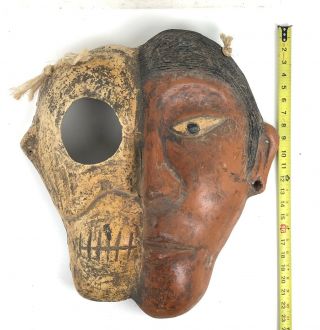 Massive Terracotta Mayan Aztec Half Face Skull Mask Pottery