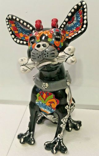 Mexican Pottery Animal Talavera Dog Figure Chihuahua Folk Art Day Of The Dead