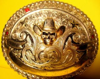 Big Cowboy To Death Skull In Cowboy Hat Crumrine Usa Belt Buckle