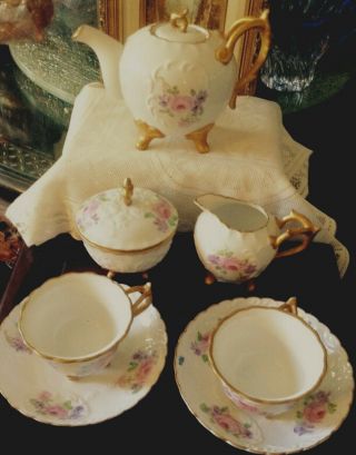 Hand Painted Tea Set W Two Cups & Saucers Artist Signed " Tea For Two ".