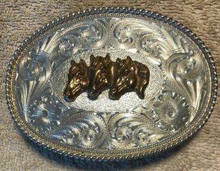 Vintage Diablo Engraved Sterling Silver Belt Buckle - Three Horses And Flowers