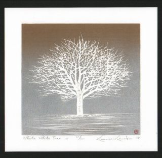 Kunio Kaneko Japanese Woodblock Print White White Tree 2