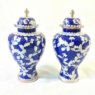 Chinese Set 2 Blue White Cloisonne Urns Lidded Vases Silver Wire Early - Mid 1900