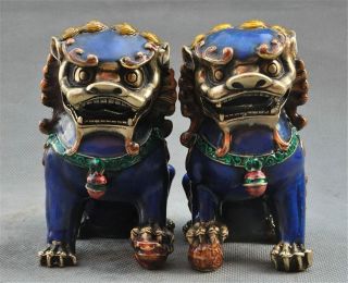 Old Chinese Fengshui Coloured Bronze Guardion Foo Fu Dog Lion Beast Statue Pair