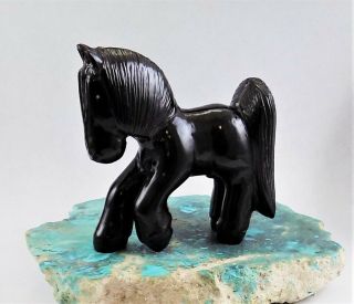 Zmt Zuni Large Black Horse Carving By Bryston Bowannie - Black Marble