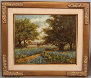 Signed American Western Texas Blue Bonnet Cactus Landscape Oil Painting