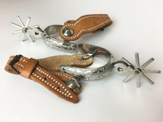 Mexican Charro Silver Spurs Set Engraved With Leather Straps - Espuelas Charras