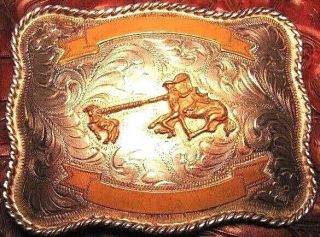 Tex - Tan Trophy 2 Banner Cowboy Roping Calf Silver Belt Buckle
