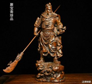 8 " Chinese Folk Boxwood Wood Carving Dragon Warrior Guan Gong Yu God Statue