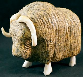 Highly Detailed Soapstone Carving Of A Musk Ox By Artist Abner Noyokuk