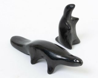 Set Of 2 Signed Alfred Aguilar San Ildefonso Blackware Pottery Badger Figurines