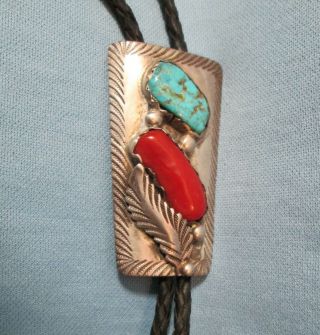 Red Coral And Turquoise Silver Bolo Tie Native American Navajo Indian