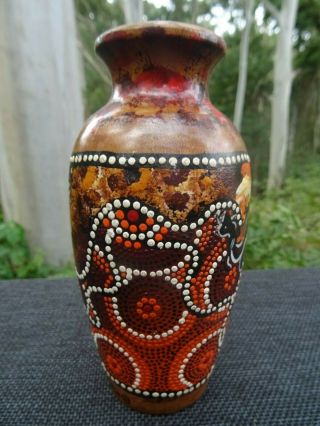 Australian Aboriginal Dot Art Painting Carved Wood Vase Signed Valdo Amtpalia